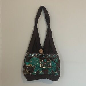 Elephant Embroidered Black and Green Hobo Bag
